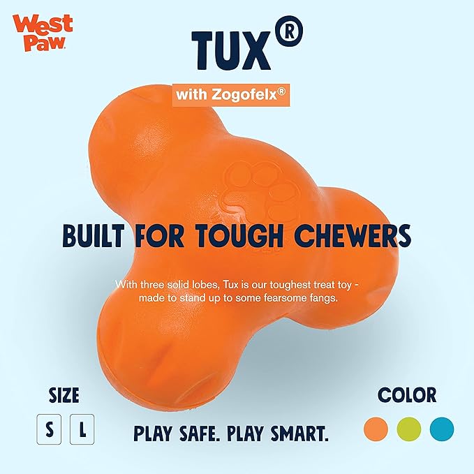West Paw Zogoflex Tux Interactive Treat Dispensing Dog Chew Toy for Aggressive Chewers, 100% Guaranteed Tough, It Floats!, Made in USA, Small, Tangerine