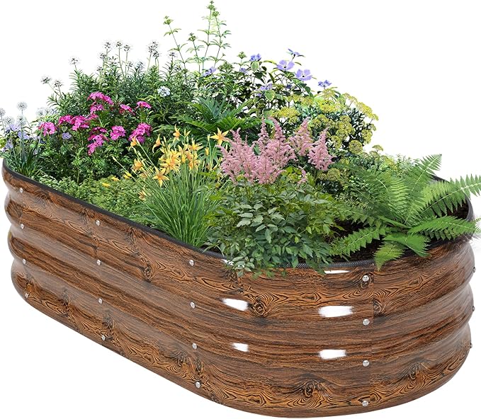 Galvanized Raised Garden Bed Outdoor - 4×2×1ft Planter Raised Beds for Gardening | Oval Metal Garden Planter Box with Safety Edging and Gloves for Vegetables Fruits and Flowers - Grain