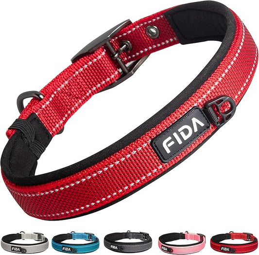Fida Heavy Duty Dog Collar, Ultra Comfortable Soft Neoprene Padded, Adjustable Reflective Nylon Pet Collar with Durable Metal Belt Buckle for Small Breeds (S, Red)