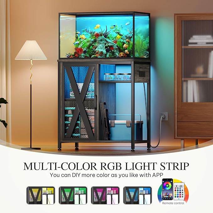 YITAHOME Fish Tank Stand with Power Outlets & LED Light, 20-29 Gallon Metal Aquarium Stand with Cabinet for Fish Tank Accessories Storage for Turtle Tank, Reptile Terrarium, 350LBS Capacity, Grey