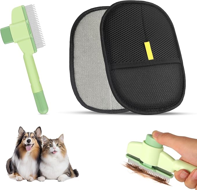 Flea Comb and Pet Hair Removal Glove for Cats & Dogs Brush for Shedding Pet Hair Removal Comb with Long & Short Stainless Steel Teeth for Deshedding & Clothing/Couch/Furniture/Carpet/Car Seat