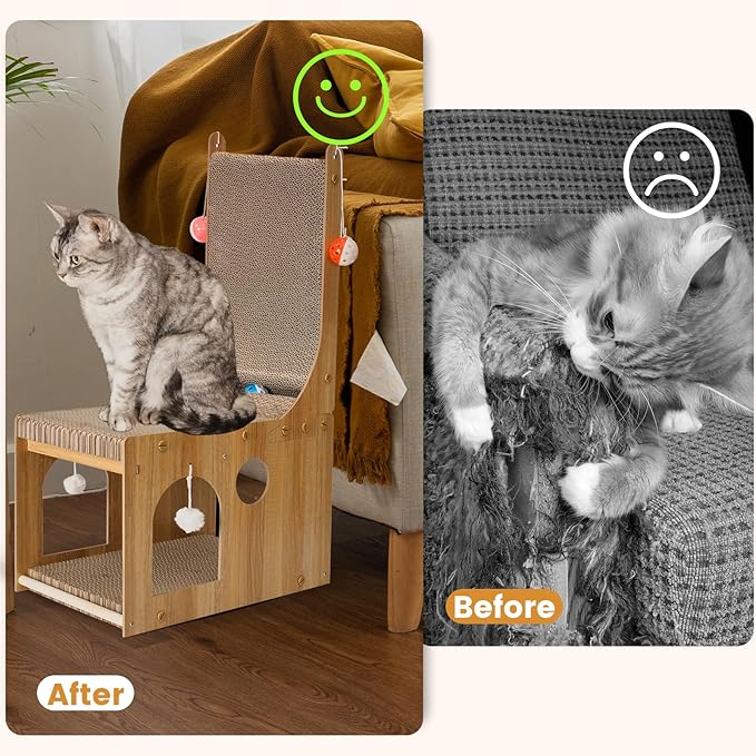 Cat Scratcher, Double Layer Cat Scratching Board, L Shaped Vertical Cat Scratcher for Wall and Couch Protection, Cat Cardboard Scratcher with 5 Ball Toys for Indoor Cats