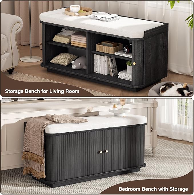 Dark Grey 39.4" W 2-Tier Shoe Bench with Storage | Entryway Bench with Padded Cushion, Sliding Doors & 5 Hooks