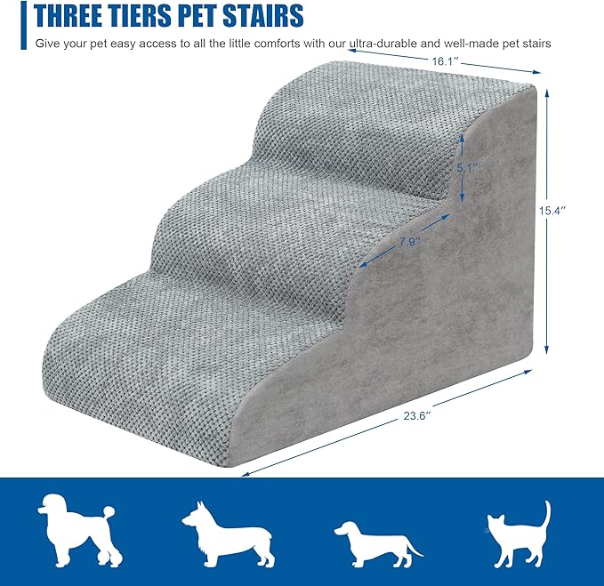 Dog Stairs for Small Dogs - High Density Foam Dog Ramp, Extra Wide Pet Steps with Non-Slip Bottom for High Beds, Couche and Sofa, Best for Dogs Injured, Older Doggy Cats (Grey, 3 Steps)