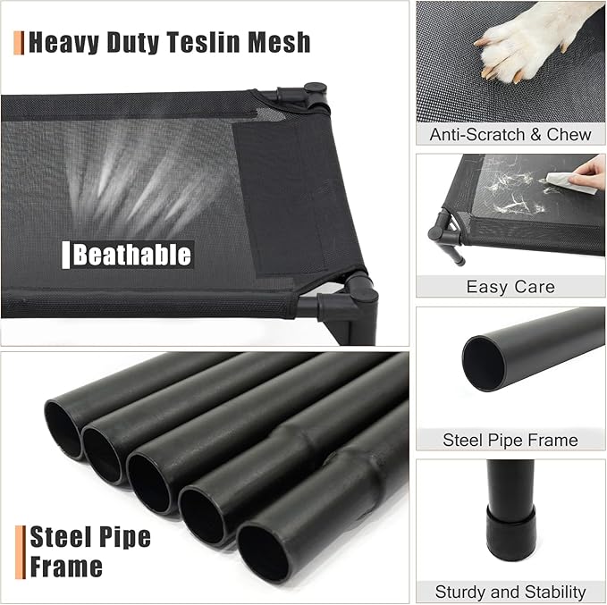 Elevated Dog Bed for Medium Dogs, Raised Dog Cot Beds Fits Up to 150 LBs, Heavy Duty Pet Cots with Durable Supportive Teslin Recyclable Washable Mesh, Indoor & Outdoor Dog Bed, Black