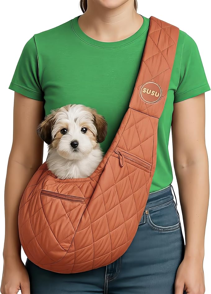 Small Dog Carrier Sling – Copper Brown Hands‑Free 2‑in‑1 Cross‑Body & Handheld Pet Sling for Small Dogs up to 10 lbs, Parachute‑Grade Rip‑Stop Nylon, Padded Strap & Safety Tether