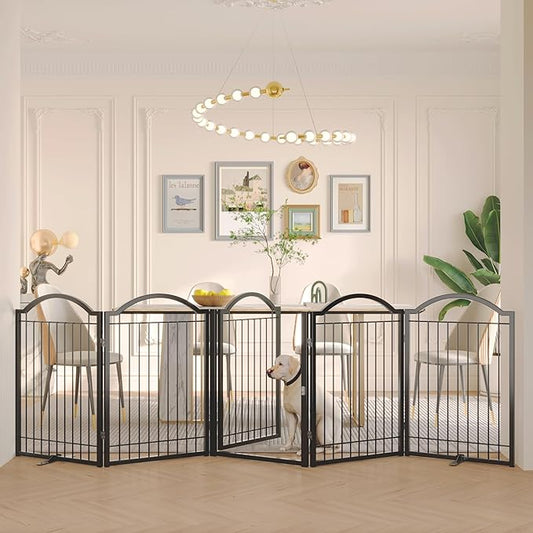 BHG Metal No-Assembly Freestanding Dog Gate with Door Walk Through, Extra Wide 120", Extra Tall 32" Pet Gate, Accordion Puppy Folding Playpen Dog Fence, with 2PCS Support (Black, 5 Panels)