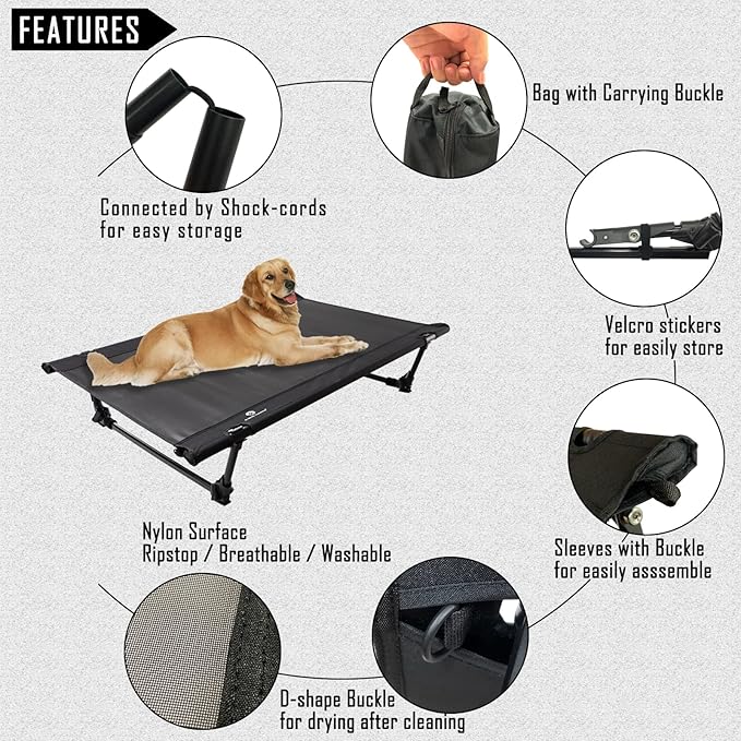 Folding Elevated Dog Bed – Portable Collapsible Raised Dog Cots Cooling Pet Bed with Aluminum Frame, Lever Locking System, Breathable Mesh for Camping, Beach, Lawn, Travel