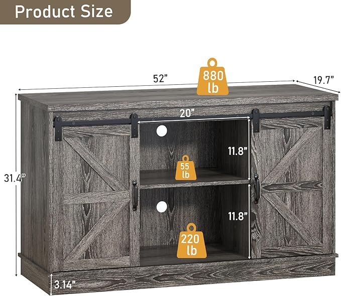 Farmhouse 55-75 Gallon Fish Tank Stand with Power Outlet, Aquarium Stand with Cabinet&Sliding Barn Door, Heavy Duty Reptile Tank Stand for 2 Fish Tank/Turtle Tank/Reptile Terrarium, Grey