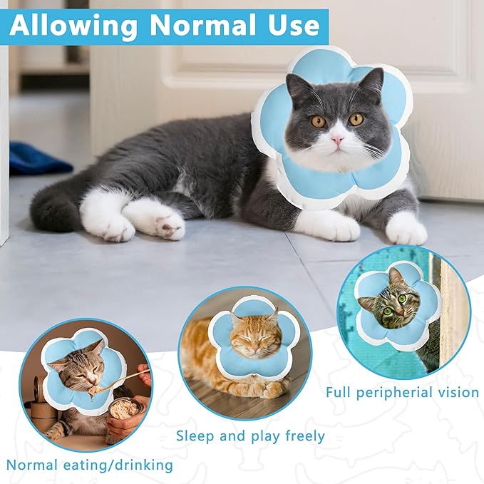 Cat Cone Collar Soft, Waterproof Cats Cones to Stop Licking After Surgery, Adjustable Soft Elizabeth Cats Collars for Wound Healing, Flower Shape Cat Recovery Collar (Blue, Large)
