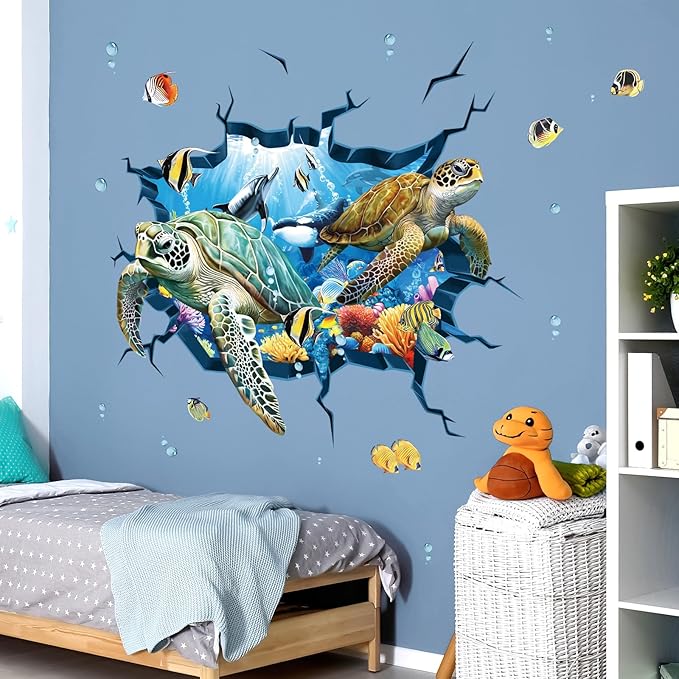 decalmile 3D Under The Sea Turtle Wall Decals Underwater Ocean Fish Broken Wall Stickers Kids Bedroom Living Room Bathroom Wall Decor
