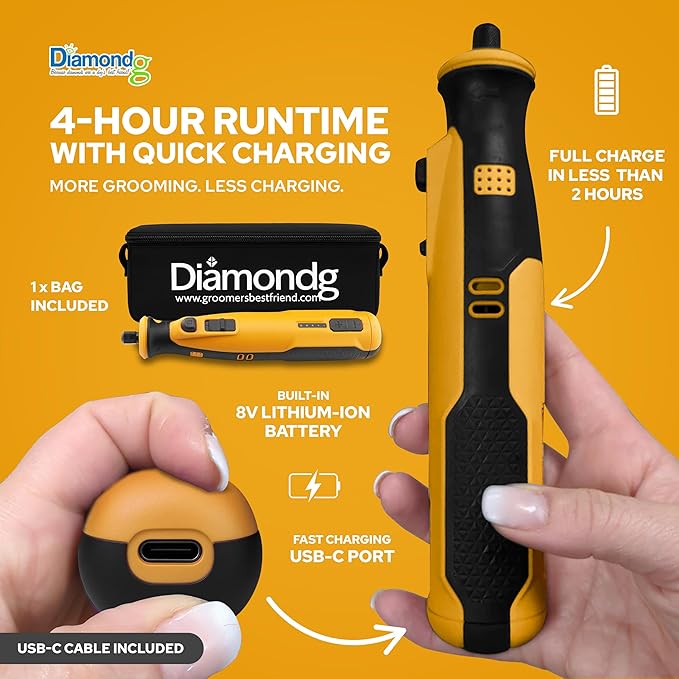 Diamondg Cordless Dog Nail Grinder with Quiet Sound & LED Tip for Large & Small Dogs, 4hrs. Runtime - Electric Dog Nail Trimmer, Heavy Duty Rotary Tool Alternative to Toenail Clippers & Filers