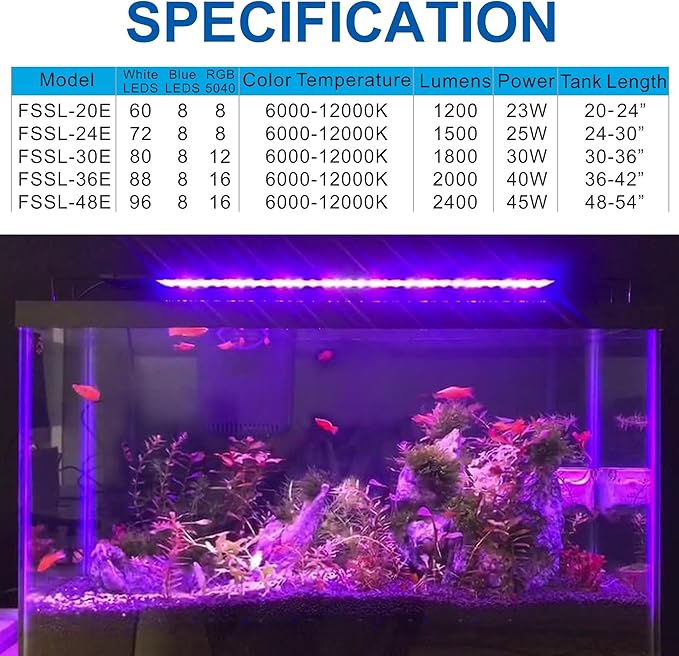 OYO WATER Aquarium LED Light 30"-38" with Timer, 24/7 Cycle, 5 Dimmable Brightness, Sunrise/Sunset Simulation for 10/20/30/55 Gallon Fish Tank
