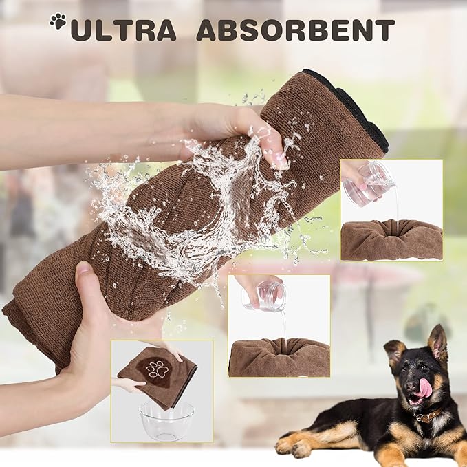 Chumia 4 Pack Dog Towels for Drying Large Microfiber Grooming Tools Absorbent Soft Bath Supplies with Embroidered Paw for Small Medium Pet Products(30 x 50 Inch,Brown)