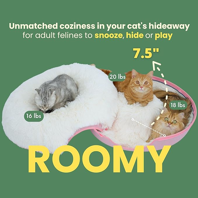 CATTASAURUS Peekaboo Cat Cave for Multiple & Large Cats Up to 30-45 Lbs, Fluffy Cat Beds for Indoor Cats, Scratch Detachable & Washable Tunnel Bed, Comfy Donut Cat Cave (Pink, Large (Calming))