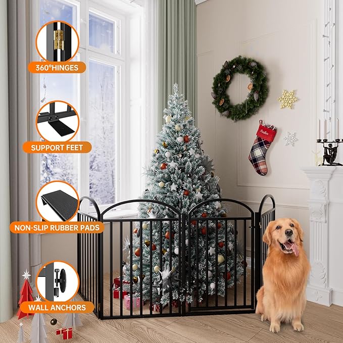 4 Panles Full Matel Freestanding Dog Gates with Door, 96"Extra Wide 32"Tall Free Standing Dog Pet Gate for Indoor & Outdoor. Foldable Pet Fences for Doorways, House, Stairs, Porch, Deck, Yard
