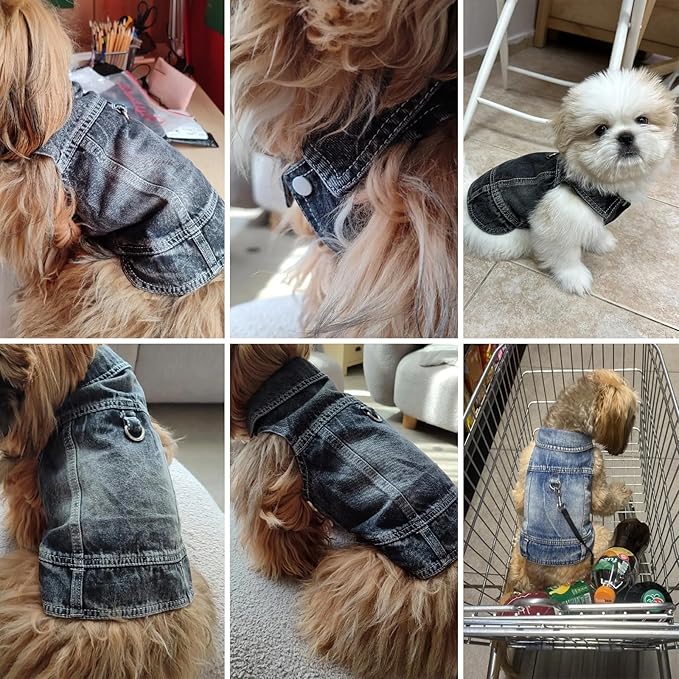 Puppy Clothes for Small Dogs Boy,Classic Western Denim Dog Coat,Dog Jeans Jacket with Leash D-Ring,Pet Cat Costumes,Cooling Harness Vest for Walking (Black, Large)