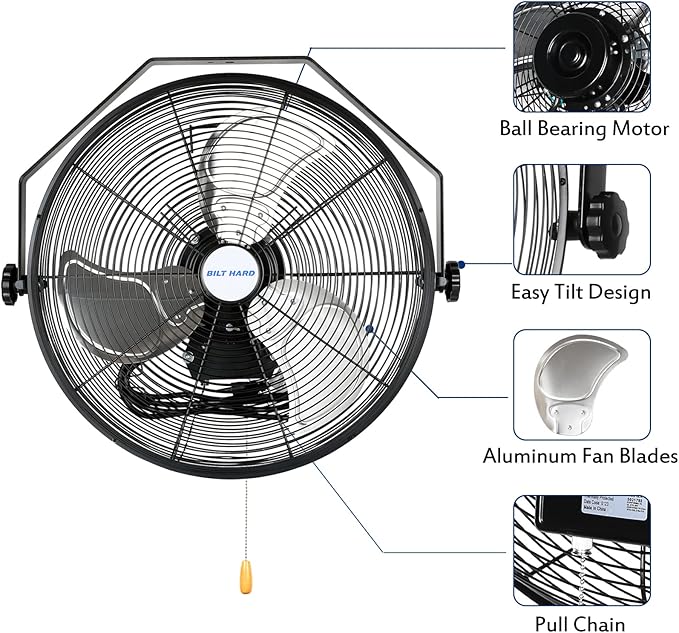 BILT HARD 4600 CFM 20 in. Industrial Wall Mount Fan, 3-Speeds High Velocity Wall Fan with Sealed Motor, Heavy Duty Metal Barn Fans for Garage, Commercial, Greenhouse, Warehouse & Shop Use