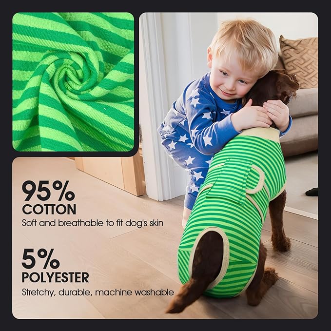 FUAMEY Dog Recovery Suit Male,Dogs Surgery Neuter Suits Puppy Spay Shirts for Female Protect Dog's Skin Anti Licking Abdominal Wounds Doggie Onesie Pet Bodysuit Alternative to Cone Green Stripes L