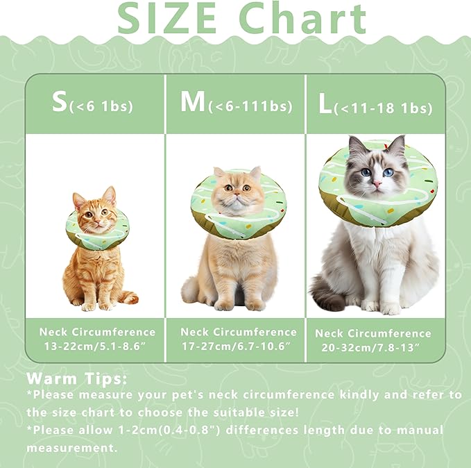 Cat Cone Collar Soft, Adjustable Cat Recovery Collar Kitten Cones to Stop Licking, Cute Donut E Collar After Surgery, Cats Neck Pillow Cone Elizabethan Cones of Shame (Waterproof Green, Medium)