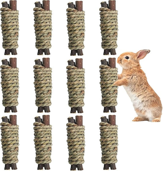 Fhiny 12 PCS Guinea Pigs Chew Toys, Natural Apple Branch Seagrass Molar Sticks for Teeth Bunny Chew Toys Cage Accessories for Guinea Pigs Rabbit Bunny Hamster Chinchilla