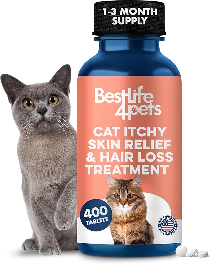 Cat Itchy Skin Relief & Hair Loss Treatment, Holistic Allergy Relief for Cats Calms Dry Skin, Dandruff & Reduces Licking, Scratching, Patchy, Matted and Shedding Fur, 400 Easy to Use Pills