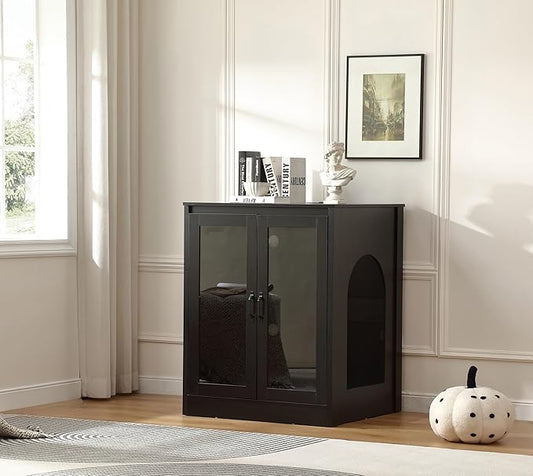 Cat Litter Robot Enclosure with Glass Cat-Observant Doors,Litter Robot Cabinet with Reversible and Optional Entry(Left or Right),Cozy LED for Cats,Power Outlet for More Choice, Black