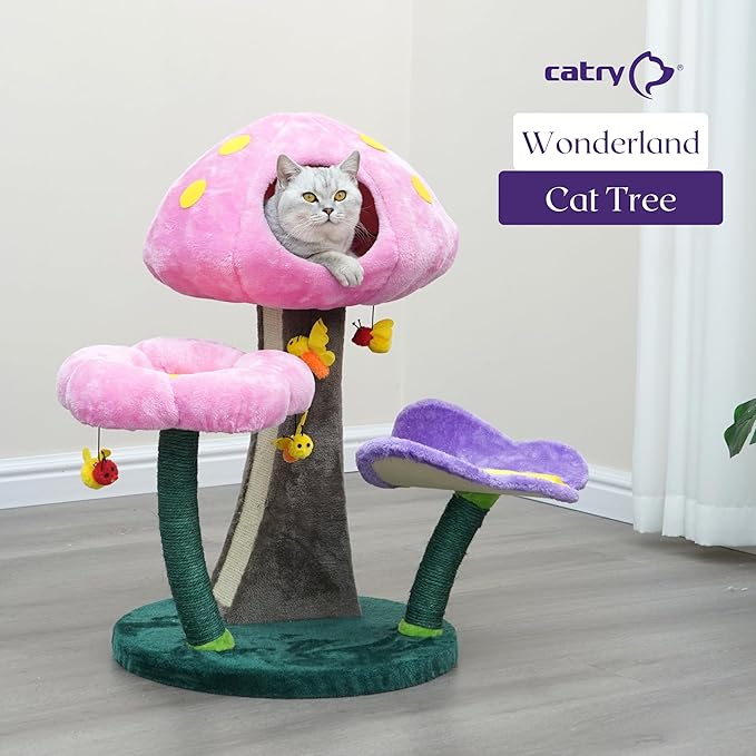 Catry® Wonderland 3-Level 31" Cat Tree with Mushroom Condo, Flower Perch, Sisal Scratching Pad, Parts Replaceable, Garden Style with Bee Toys. Multi- Color