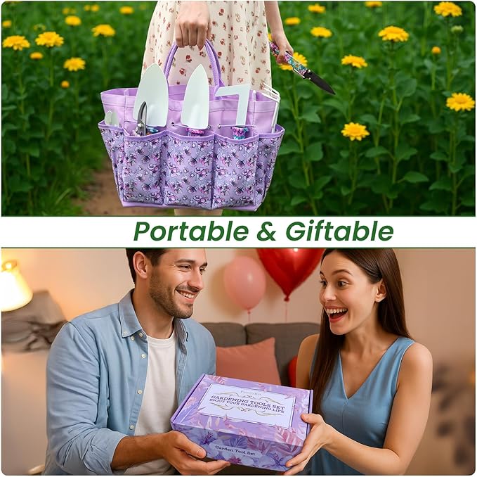 Gardening Tool Set 10-Piece, Heavy Duty Garden Tool Set with Purple Floral Tote Bag and Gift Box, Gardening Tools Kit with Ergonomic Non-Slip Handle, Ideal Gardening Gifts for Women Mom
