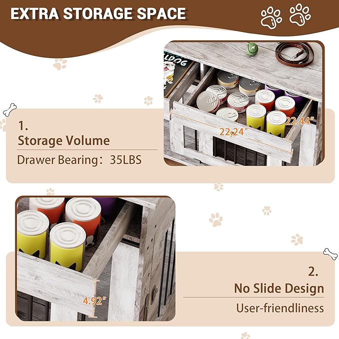 Dog Furniture Crate, 47" Large Dog Crate Furniture w/ 2 Storage Draws & Removable Divider for Large/Medium/Small Dogs (Grey, Double Cage)