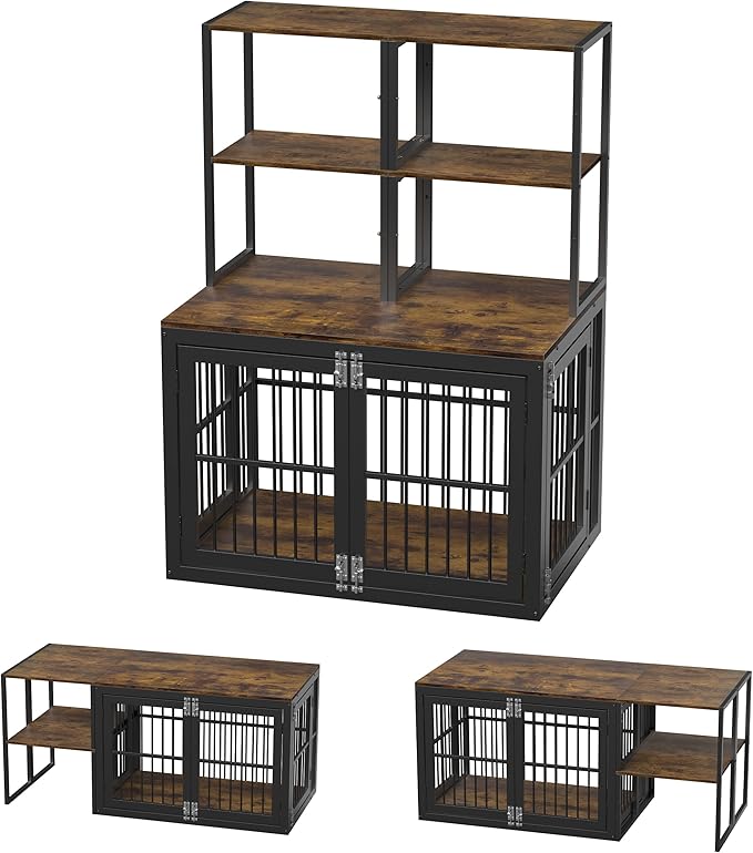 Dociote Heavy Duty Dog Crate Furniture with Storage Shelves，Large Dog Kennel Indoor End Table 39 Inch,Brown
