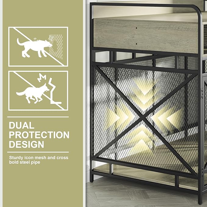 Dog Crate Furniture, 43" Heavy Duty Wooden Dog Crate End Table, XL Dog Kennel Furniture Large Breed, Decorative Dog Kennel Indoor with 3 Drawers & Steel Tubes 43" L x28 W x36 H (Grey)