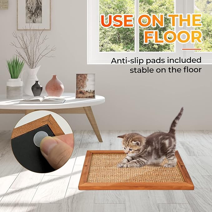 Cat Scratching Post - BXL, Natural Wooden Sisal Cat Wall Scratcher, Floor or Wall Mounted Vertical Cat Scratch Pad for Indoor Cats Adults or Kittens, Cat Wall Furniture Protector