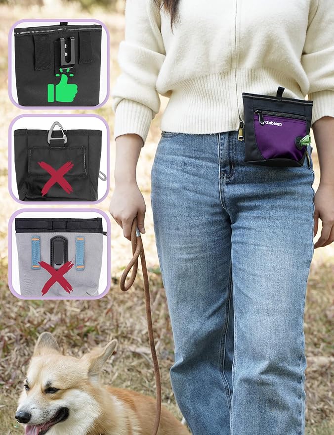 Gobeigo Dog Treat Pouch and Training Clicker, Upgrade Two Magnetic Closure to Prevent Spills, 2 Cup Treat Bag with Poop Bag Dispenser, Metal Clip Waist Belt Fanny Pack for Pet Walk (Black/Purple)