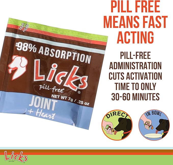 Licks Pill-Free Dog Joint and Heart - Glucosamine & Omega 3 Fish Oil Supplement for Dogs - Inflammation Supplements for Joint Support - Gel Packets - 10 Use