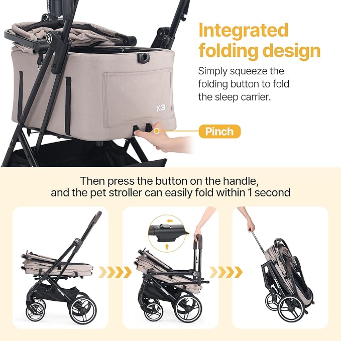 BEBEROAD X3 2 in 1 Pet Stroller for Medium or Two Small Dogs & Cats 4 Wheels Lightweight Foldable Carrier Dog Stroller with Waterproof Weather Cover Cup Holder,Storage Basket(Camel)
