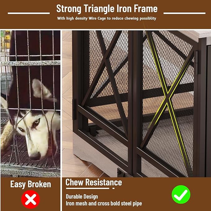 COZPAW Large Dog Crate Furniture - 48 inch Heavy Duty Dog Kennel Indoor for XLarge Breed with Double Doors, Wooden Dog Cage XL Modern Decorative End Table Pet House (Gray)