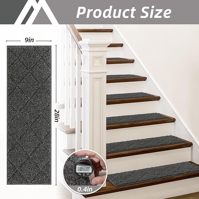 COSY HOMEER Edging Stair Treads Non-Slip Carpet Mat 28inX9in Indoor Stair Runners for Wooden Steps, Edging Stair Rugs for Kids and Dogs, 100% Polyester TPE Backing (7pc, Black,)