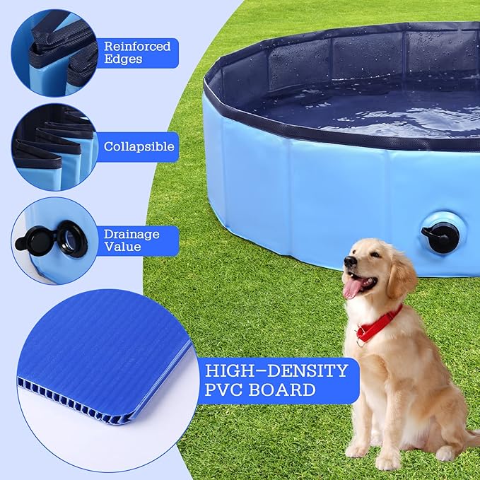 Foldable Dog Bath Swimming Pool Plastic Kiddie Pool Professional Tub Collapsible Grooming Bathtub for Pets Kids Baby and Toddler, 39.5 x 12 Inches Blue