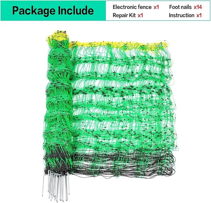 Electric Fence Netting, 49.6" H x 164' L, PE Net Fencing Kit with 14 Posts Double Spiked, Utility Portable Mesh for Sheep Hogs Goats Deer Dogs Lambs Used in Backyards Farms Ranches Patio, Green