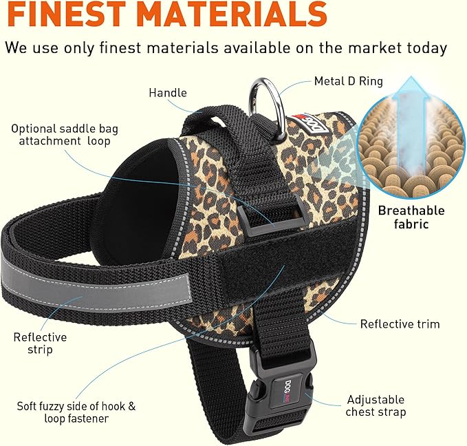 Dogline Dog Harness, Reflective No-Pull Adjustable Vest with Handle for Walking, Training, Breathable, No - Choke Harness for Small, Medium or Large Dogs Room for Patches Leopard Brown L 27"-34"