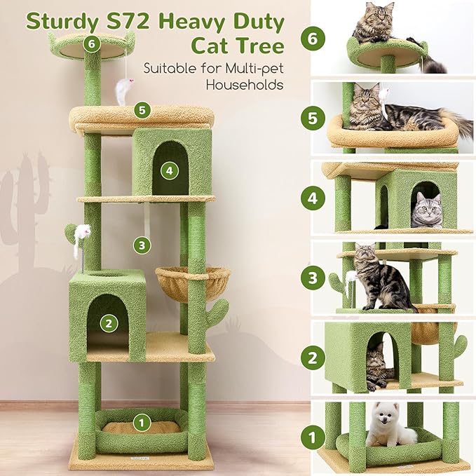 Globlazer Heavy Duty Cactus Cat Tree for Large Cats, Sturdy 72in Maine Coon Cat Tree for Large Cats 20 lbs+ Cactus Cat Tower for Adult Biggest Cats with 6 Scratching Posts, Hammock, S72, Green