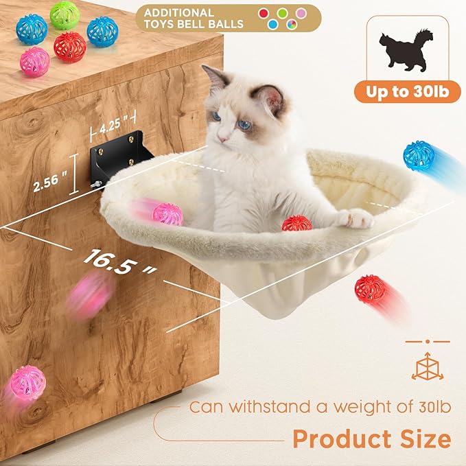 Cat Hammock Wall Mounted, Foldable & Stable Cat Beds- Breathable Cats Wall Shelves for Sleeping, Playing, Climbing, and Lounging - Maximum Hold Up to 30lb（Cream,Faux Rabbit Fur）