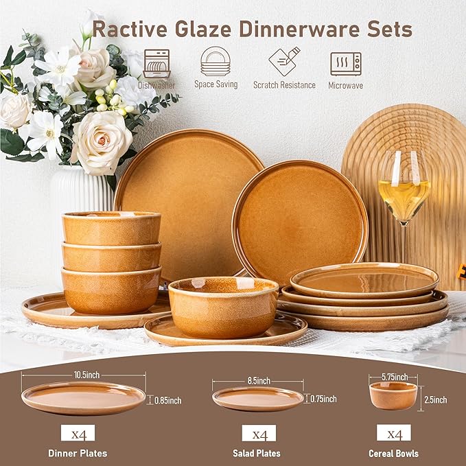 GBHOME Ceramic Dinnerware Sets for 4, 12 Pieces Stoneware Plates and Bowls Sets, Scratch Resistant Dishes, Dishwasher & Microwave Safe, Reactive Glaze-Amber