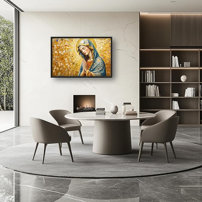 Extra Large Virgin Mary Framed Wall Art for Living Room,Oversized Golden Christian Religious Pictures Wall Decor,Canvas Print Painting Modern Artwork Bedroom Office Bathroom 36L" x 24W"