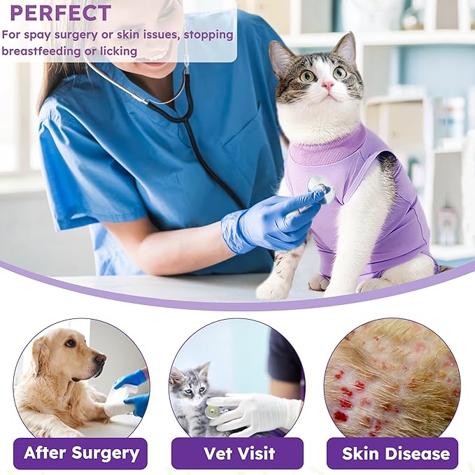 Cat Recovery Suit for Spay Abdominal Wound, Breathable Kitten Onesie for Cats After Surgery, Anti Licking Cat Cone Alternative, Pet Surgery Recovery Shirt-Purple(L)