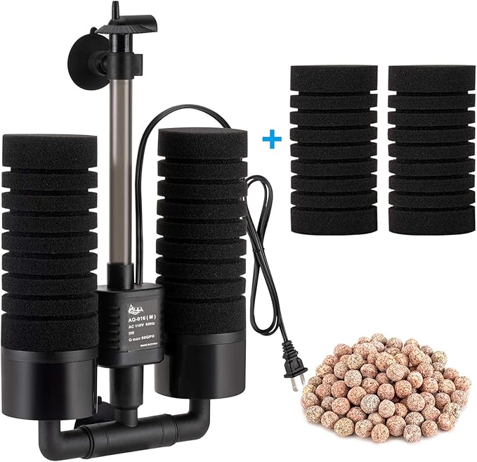 AQQA Aquarium Sponge Water Filter, Power Driven Double Biochemical Filter, Quiet Submersible Foam Filter with 2 Extra Sponges, 1 Bag of Filtered Ceramic Balls for Fresh and Salt Water Fish Tank (L)