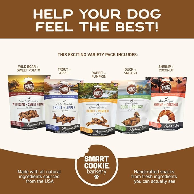 Smart Cookie All Natural Soft Dog Treats - 5 Flavor Variety Pack (5oz Each) - Healthy Dog Treats for Dogs & Puppies with Allergies, Sensitive Stomachs - Chewy, Grain Free, Made in USA