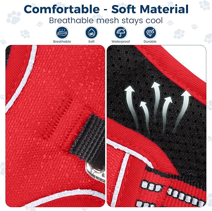 Funfox Dog Harness No Pull, Adjustable Pet Vest Harness, Super Soft Material with Vertical Handle Easy Control, Reflective Night Walking, 2 Leash Clips for Small Sized Dogs, Red, S