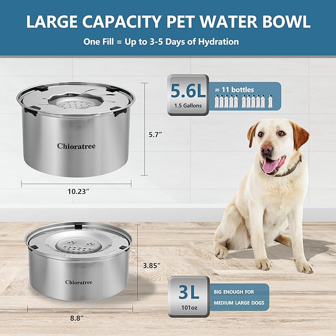 Dog Water Bowl No Spill,3L/101oz Large Spill Proof Water Bowl for Dogs, Stainless Steel Slobber Stopper Slow Drinking Dog Bowl Anti Splash Pet Water Dispenser for Messy Drinkers